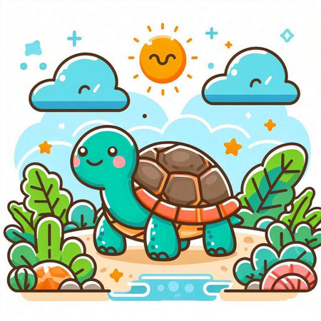 Cute cartoon turtle on the seashore. Vector illustration.のイラスト素材