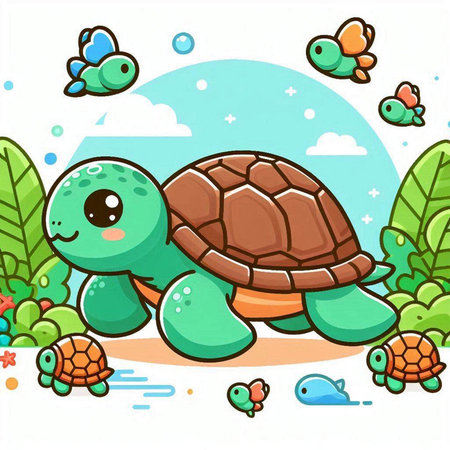 Cute Cartoon Turtle Vector Illustration. Cute Turtle Animal Character.のイラスト素材