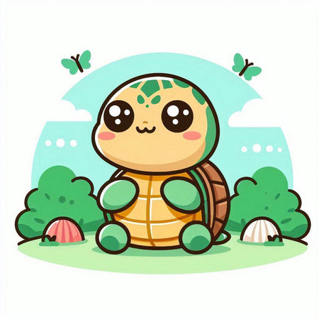 Cute turtle sitting on the grass, vector cartoon character illustration.のイラスト素材