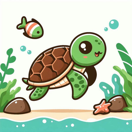 Cute turtle on the seashore. Vector cartoon illustration.のイラスト素材