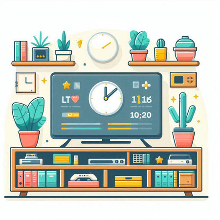 Living room with furniture, TV, bookshelf and plants. Vector illustrationのイラスト素材