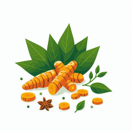 Ginger root, leaves and spices on white background. Vector illustration.のイラスト素材