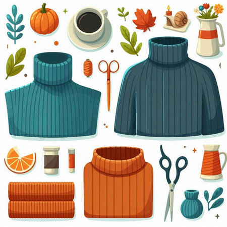 Illustration of a set of knitted clothes and accessories for autumnのイラスト素材