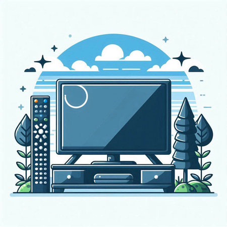 TV on the background of the night landscape. Vector illustration in flat style.のイラスト素材