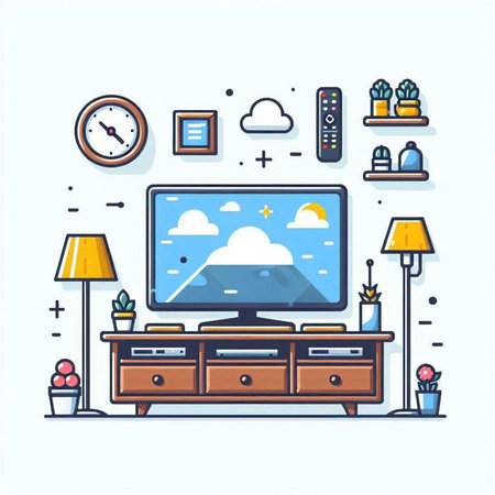 Illustration of a modern living room with a TV set and various home related objectsのイラスト素材