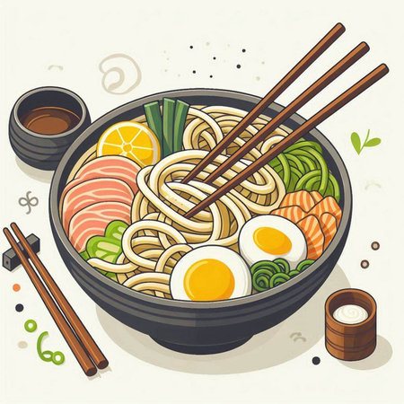 Japanese noodle ramen in bowl with chopsticks. Vector illustration.のイラスト素材