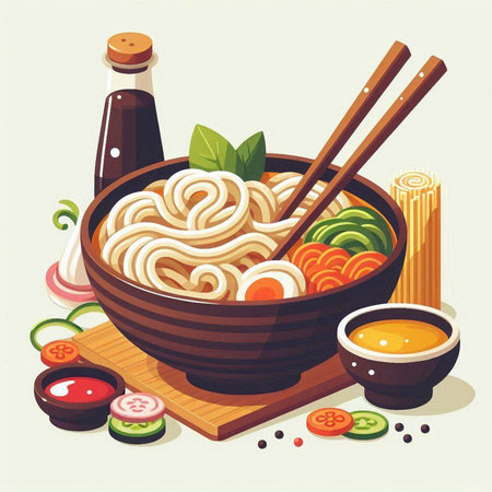 Noodles in a bowl with chopsticks. Vector illustration.のイラスト素材