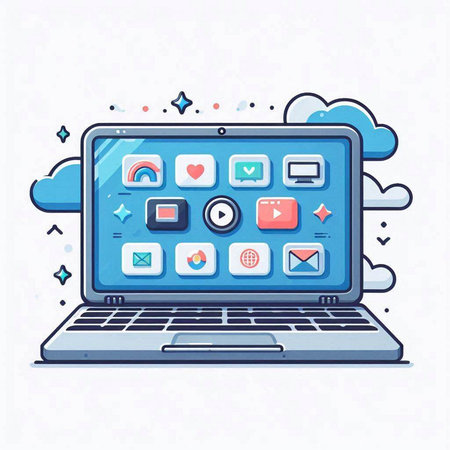 Laptop computer with colorful application icons. Modern flat vector illustration.のイラスト素材