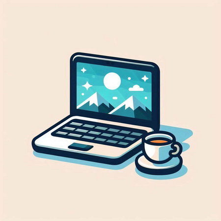Laptop with a cup of coffee and mountains. Vector illustration.のイラスト素材
