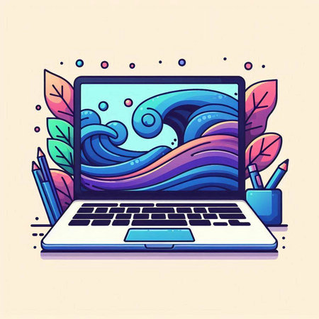Laptop with abstract waves on the screen. Vector illustration in cartoon style.のイラスト素材