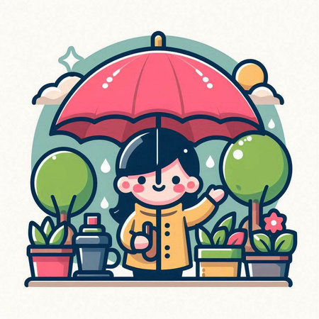 Cute little girl with umbrella in the rain. Vector illustration.のイラスト素材