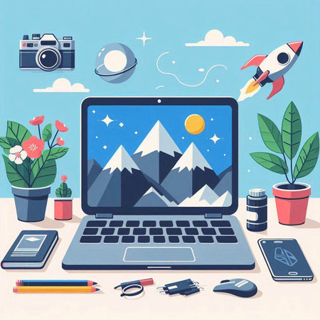 Laptop computer with image of mountains, rocket, camera, coffee cup, phone and other objectsのイラスト素材