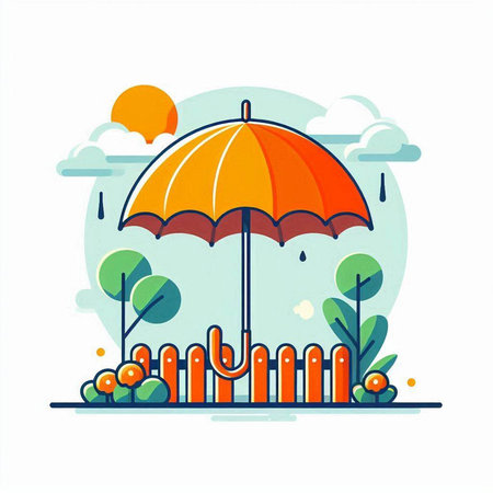 Vector illustration of an orange umbrella in the garden. Flat style.のイラスト素材