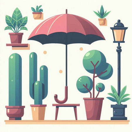 Illustration of an umbrella and plants in pots. Vector illustration.のイラスト素材