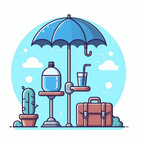 Vector illustration of a suitcase, umbrella and sanitizer in a flat styleのイラスト素材
