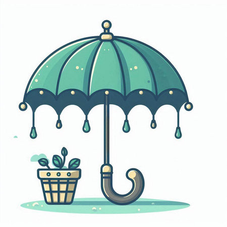 Illustration of an umbrella with a flower in a pot on a white backgroundのイラスト素材
