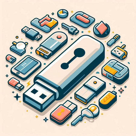 Vector isometric 3d illustration of USB flash drive in circle shape.のイラスト素材