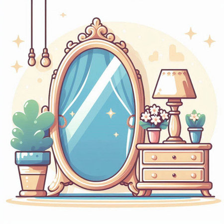 Vector illustration of a vintage mirror in a room with plants and lampsのイラスト素材