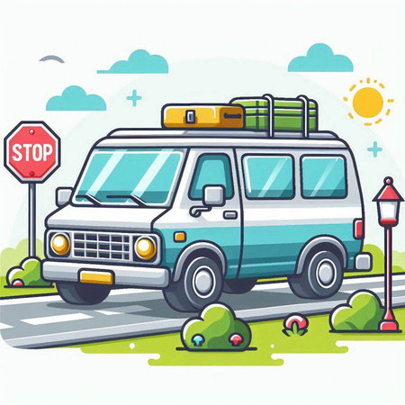 Vector illustration of a traveling van with luggage and luggage on the roadのイラスト素材