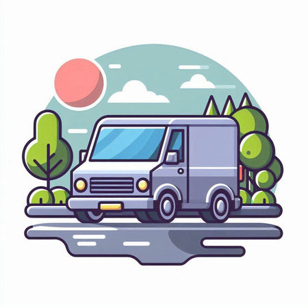 Van on the road in the forest. Vector illustration in flat styleのイラスト素材