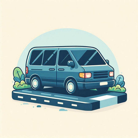 Vector illustration of a van on the road. Side view. Flat style.のイラスト素材