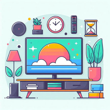 Illustration of home living room with furniture and computer monitor. Vector illustrationのイラスト素材