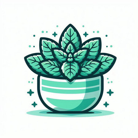 Illustration of mint plant in pot. Hand drawn vector illustration.のイラスト素材