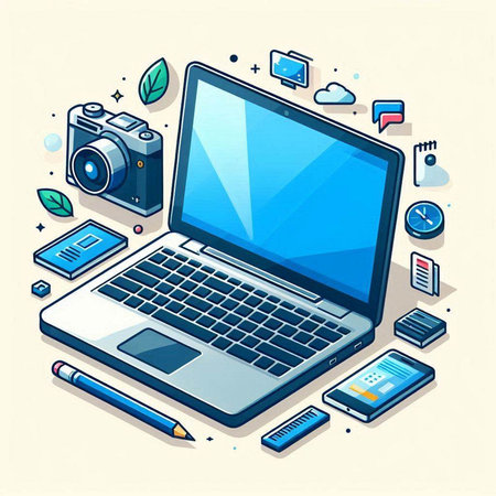 Laptop, camera and notebook. Isometric vector illustration on white background.のイラスト素材