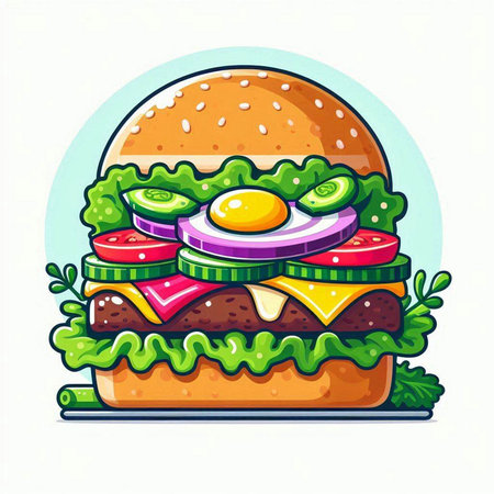Hamburger with fried egg and vegetables. Vector illustration of fast food.のイラスト素材