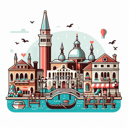 Venice Italy vector illustration. Venice cityscape with gondolas.のイラスト素材