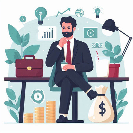 Businessman sitting at table with cup of coffee and money bag. Flat vector illustration.のイラスト素材