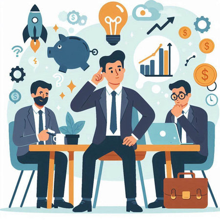 Business people sitting at table and thinking about business strategy. Vector illustration.のイラスト素材