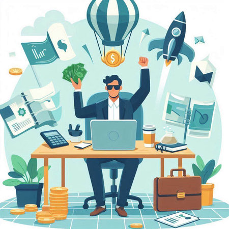 Businessman sitting at office desk with laptop. Successful businessman. Vector illustrationのイラスト素材