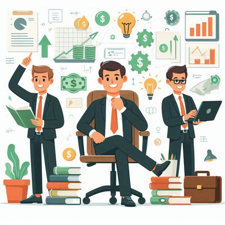 Business people sitting on chair and working with laptop. Vector illustration.のイラスト素材
