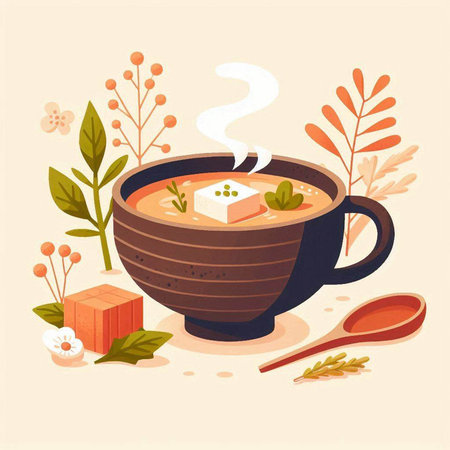 Cup of hot soup with tofu and herbs. Vector illustration.のイラスト素材