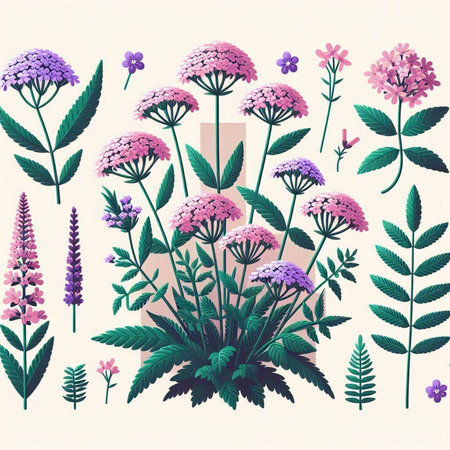 Illustration set of lavender, hydrangea, verbena and lupine flowersのイラスト素材