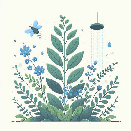 Flowers and plants with water drops. Vector illustration in flat style.のイラスト素材
