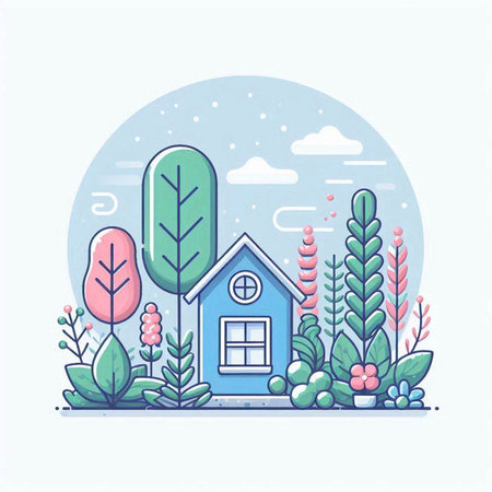 Vector illustration of a cozy house in the forest. Flat style.のイラスト素材