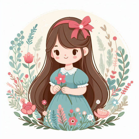 Cute little girl with flowers in her hair. Vector illustration.のイラスト素材