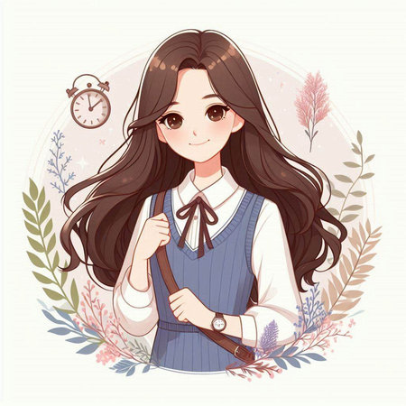 Cute little girl with long hair and a clock. Vector illustration.のイラスト素材