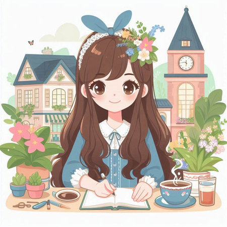 Cute little girl doing homework in the garden. Vector illustration.のイラスト素材