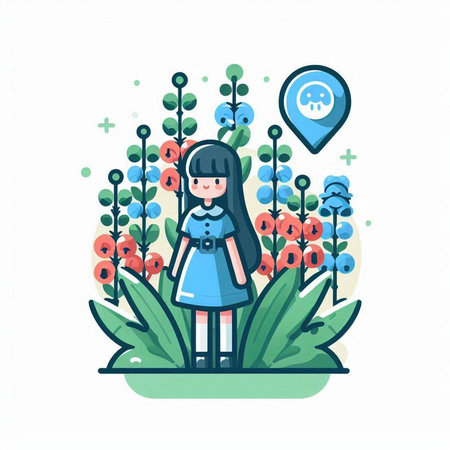 Vector illustration of a girl in a blue dress with a map pointer in the garden.のイラスト素材
