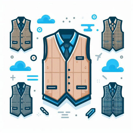 Men's clothing and accessories, vest, jacket, waistcoat, shirt, vest. Vector illustration in flat styleのイラスト素材