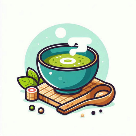 Matcha green tea in bowl on wooden board. Vector illustration.のイラスト素材