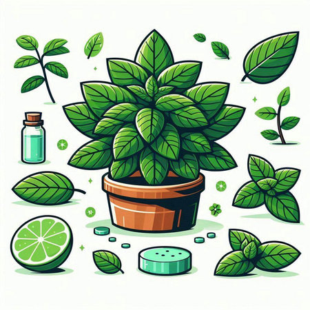 Illustration of mint plant in a pot with lime and mint leavesのイラスト素材