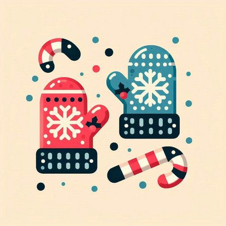 Mittens, candy cane and snowflakes. Vector illustration.のイラスト素材