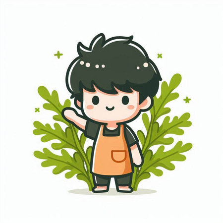 Cute little boy in apron with green leaves. Vector illustration.のイラスト素材