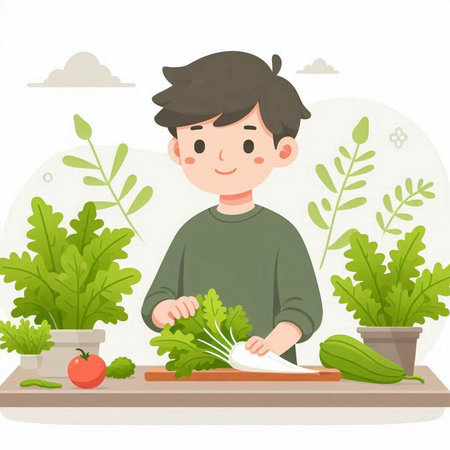 Illustration of a Kid Boy Slicing Vegetables in the Kitchenのイラスト素材