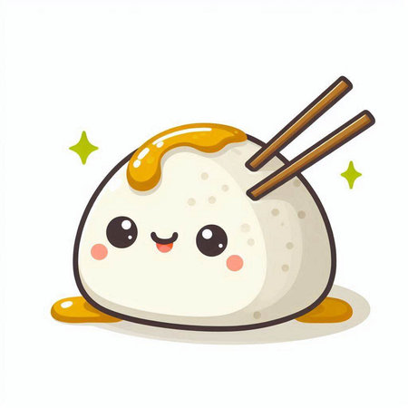 Illustration of a cute rice ball with chopsticks on a white backgroundのイラスト素材