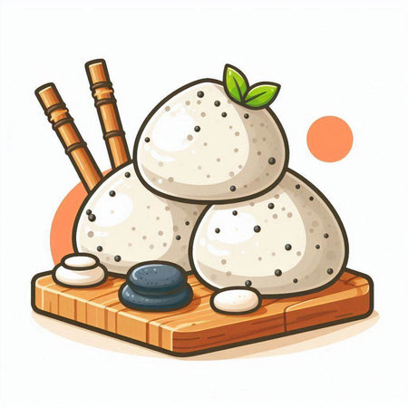 Illustration of a Japanese rice ball and chopsticks on a wooden boardのイラスト素材